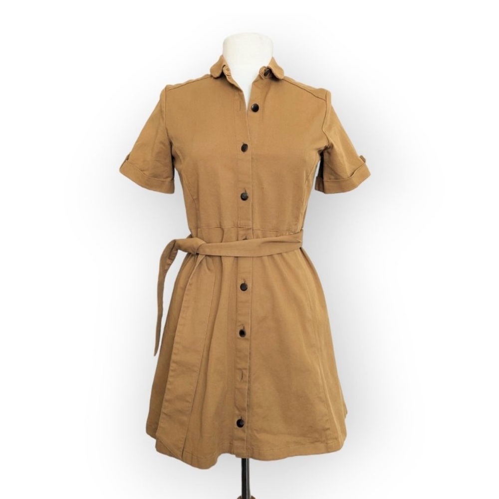 Sezane Khaki Button Down Short Sleeve Belted Mini Dress Tan 36 US 26 4
